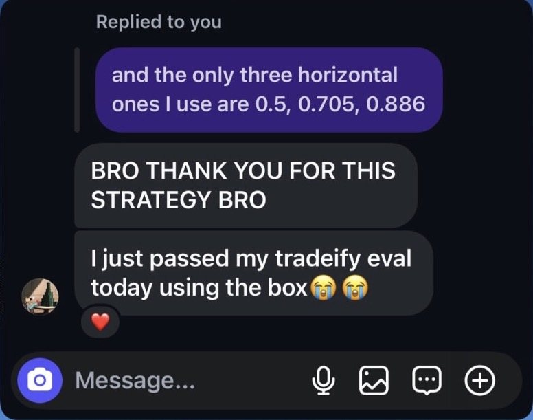 Direct message from Kryz: “BRO THANK YOU FOR THIS STRATEGY BRO. I just passed my Tradeify eval today using the box.”