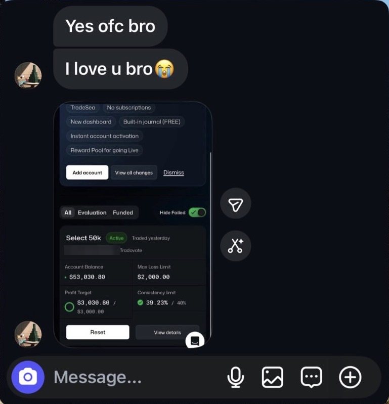 Direct message from Kryz reading “I love u bro”, with a screenshot of a passed 50K evaluation account.