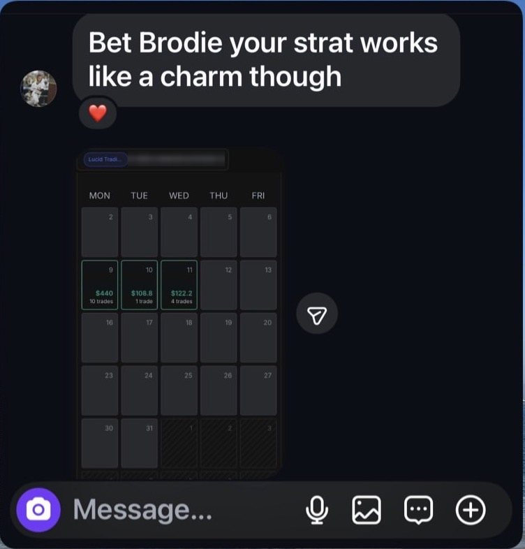 Direct message from Bryan: “Bet Brodie your strat works like a charm though”, with a trading calendar showing three green days.