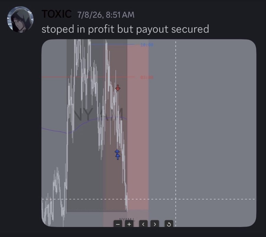Discord message from TOXIC: “stopped in profit but payout secured”, with the chart.