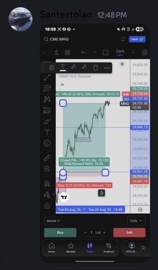 Discord message from Santestoian showing an MNQ trade closed in profit at 18:1 risk/reward.