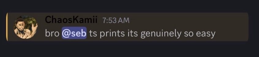 Discord message from ChaosKamii: “bro @seb ts prints its genuinely so easy”.